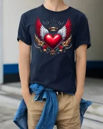 Winged Heart Angel Halo Tee Bold Artistic Love Graphic Tshirt - model in navy tee with hands in pockets