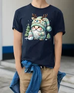 Cute Winter Gnome Tee with Reindeer Hat Snowy Christmas Tshirt - model in navy tee with hands in pockets