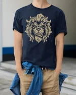 Fierce Lion Head Tee Bold Wild King of the Jungle Graphic Tshirt - model in navy tee with hands in pockets