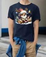 Cute Reindeer Christmas Tee with Birds - Winter Holiday Tshirt - model in navy tee with hands in pockets