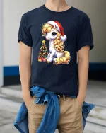 Cute Christmas Pony Tee with Santa Hat and Tree Holiday Tshirt - model in navy tee with hands in pockets
