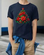 Poinsettia Christmas Tree Tee Beautiful Holiday Floral Tshirt - model in navy tee with hands in pockets