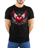 Winged Heart Angel Halo Tee Bold Artistic Love Graphic Tshirt - model in black tee with hands behind back
