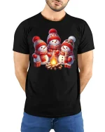 Cute Snowman Campfire Tee Cozy Christmas Winter Scene Tshirt - model in black tee with hands behind back