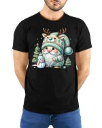 Cute Winter Gnome Tee with Reindeer Hat Snowy Christmas Tshirt - model in black tee with hands behind back