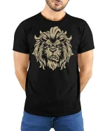 Fierce Lion Head Tee Bold Wild King of the Jungle Graphic Tshirt - model in black tee with hands behind back