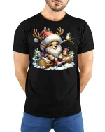 Cute Reindeer Christmas Tee with Birds - Winter Holiday Tshirt - model in black tee with hands behind back