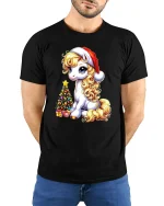 Cute Christmas Pony Tee with Santa Hat and Tree Holiday Tshirt - model in black tee with hands behind back