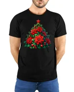Poinsettia Christmas Tree Tee Beautiful Holiday Floral Tshirt - model in black tee with hands behind back