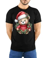 Cute Christmas Teddy Bear Tee in Wreath Red Holiday Graphic Tshirt - model in black tee with hands behind back