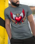 Winged Heart Angel Halo Tee Bold Artistic Love Graphic Tshirt - model in grey tee leaning on column
