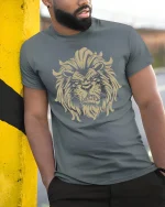 Fierce Lion Head Tee Bold Wild King of the Jungle Graphic Tshirt - model in grey tee leaning on column