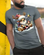 Cute Reindeer Christmas Tee with Birds - Winter Holiday Tshirt - model in grey tee leaning on column