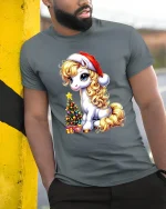Cute Christmas Pony Tee with Santa Hat and Tree Holiday Tshirt - model in grey tee leaning on column