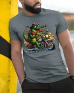 Cool Alligator Biker Tee Riding Motorcycle Funny Graphic Tshirt - model in grey tee leaning on column
