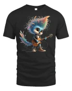 Rock Star Bird Tee Cute Colorful Guitar Playing Character Tshirt - black t-shirt on white background
