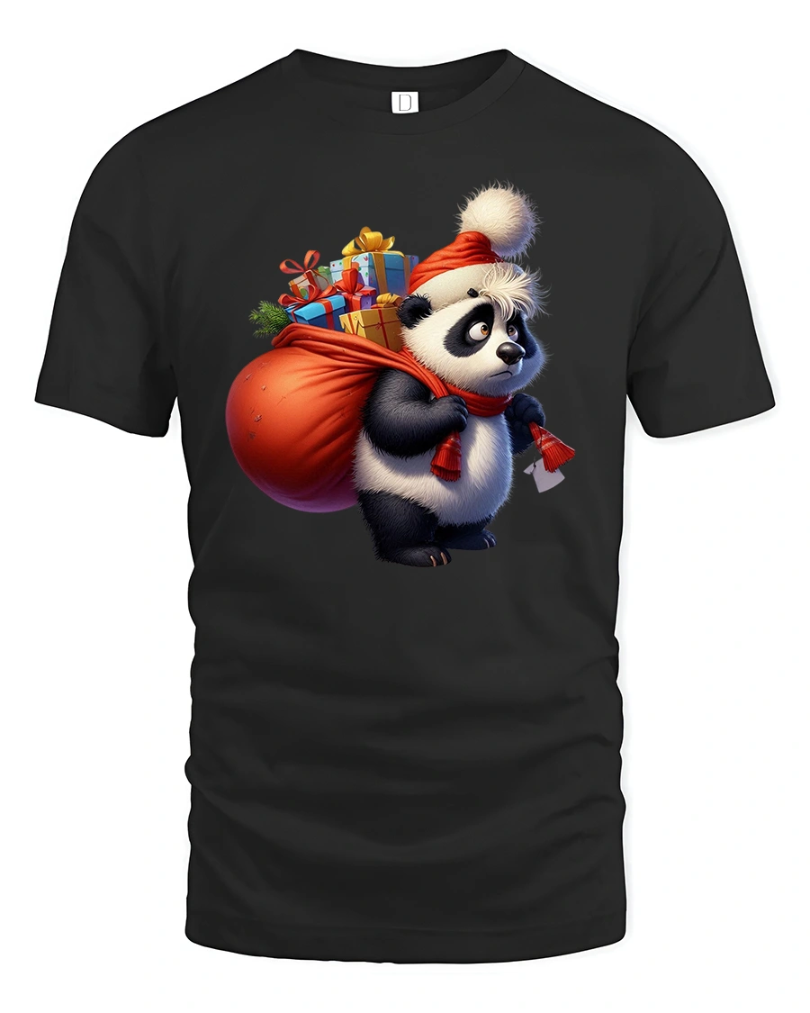 Christmas Panda Gift Carrier Tee Cute Holiday Present Tshirt - 1 Christmas Panda Gift Carrier Tee Cute Holiday Present Tshirt - black t-shirt on white background
