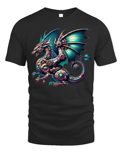 Steampunk Dragon Gear Engine Tee Fantasy Mechanical Art Tshirt - black t-shirt on white background