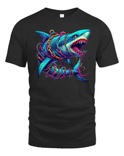 Neon Shark Attack Tee Fierce Deep Sea Predator Graphic Tshirt - black t-shirt on white background