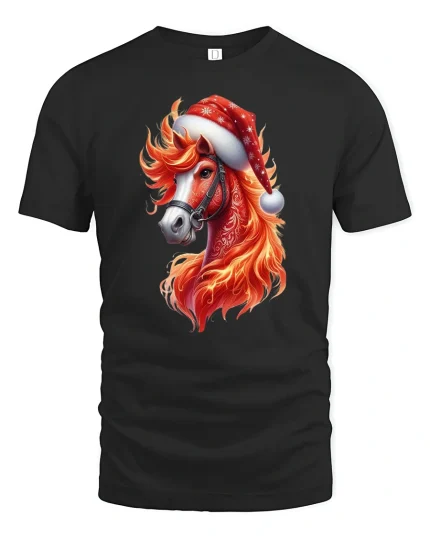 Christmas Horse Tee Fiery Mane Santa Hat Holiday Tshirt - black t-shirt on white background