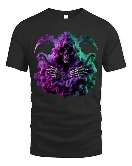 Colorful Reaper Smoke Tee Grim Skeleton Fantasy Art Tshirt - black t-shirt on white background