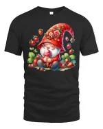 Strawberry Gnome Tee Cute Ice Cream Garden Art Graphic Tshirt - black t-shirt on white background