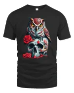 Owl and Skull Rose Tee Dark Gothic Art Graphic Tshirt for Fans - black t-shirt on white background