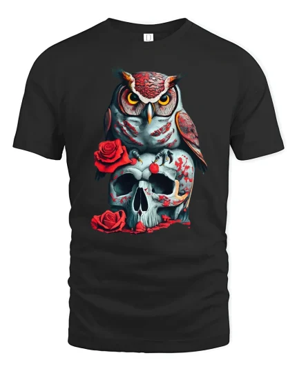 Owl and Skull Rose Tee Dark Gothic Art Graphic Tshirt for Fans - black t-shirt on white background