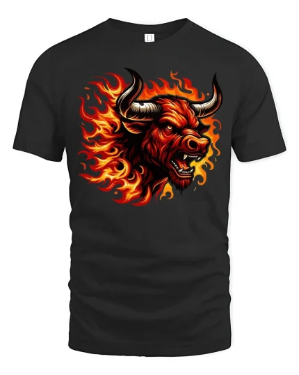 Fiery Bull Head Tee Flaming Wild Beast Bold Graphic Tshirt - black t-shirt on white background