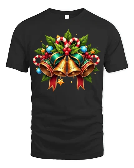 Christmas Bells Tee Festive Holiday Candy Cane Art Graphic Tshirt - black t-shirt on white background