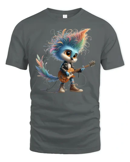 Rock Star Bird Tee Cute Colorful Guitar Playing Character Tshirt - gray t-shirt on white background
