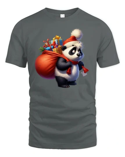 Christmas Panda Gift Carrier Tee Cute Holiday Present Tshirt - gray t-shirt on white background
