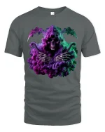 Colorful Reaper Smoke Tee Grim Skeleton Fantasy Art Tshirt - gray t-shirt on white background