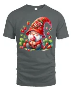Strawberry Gnome Tee Cute Ice Cream Garden Art Graphic Tshirt - gray t-shirt on white background