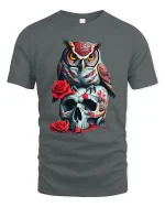 Owl and Skull Rose Tee Dark Gothic Art Graphic Tshirt for Fans - gray t-shirt on white background