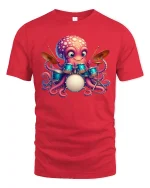 Octopus Drummer Tee Cute Music Lover Cartoon Percussion Tshirt - red t-shirt on white background