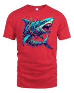 Neon Shark Attack Tee Fierce Deep Sea Predator Graphic Tshirt - red t-shirt on white background