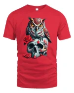 Owl and Skull Rose Tee Dark Gothic Art Graphic Tshirt for Fans - red t-shirt on white background