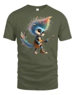 Rock Star Bird Tee Cute Colorful Guitar Playing Character Tshirt - military green t-shirt on white background