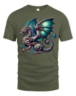 Steampunk Dragon Gear Engine Tee Fantasy Mechanical Art Tshirt - military green t-shirt on white background