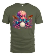 Octopus Drummer Tee Cute Music Lover Cartoon Percussion Tshirt - military green t-shirt on white background
