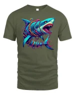 Neon Shark Attack Tee Fierce Deep Sea Predator Graphic Tshirt - military green t-shirt on white background