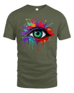 Color Splash Eye Tee Vibrant Artistic Dripping Paint Graphic Tshirt - military green t-shirt on white background