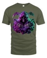 Colorful Reaper Smoke Tee Grim Skeleton Fantasy Art Tshirt - military green t-shirt on white background