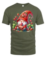 Strawberry Gnome Tee Cute Ice Cream Garden Art Graphic Tshirt - military green t-shirt on white background