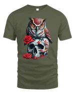 Owl and Skull Rose Tee Dark Gothic Art Graphic Tshirt for Fans - military green t-shirt on white background