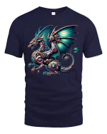 Steampunk Dragon Gear Engine Tee Fantasy Mechanical Art Tshirt - navy t-shirt on white background