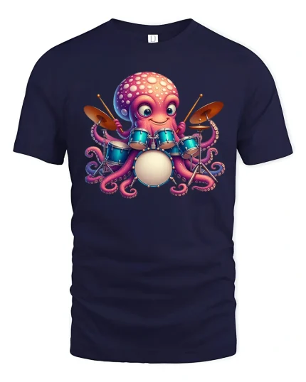 Octopus Drummer Tee Cute Music Lover Cartoon Percussion Tshirt - navy t-shirt on white background