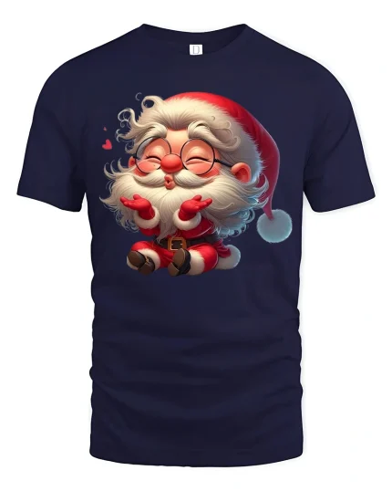 Cute Santa Kisses Tee Adorable Christmas Cartoon Holiday Tshirt - navy t-shirt on white background