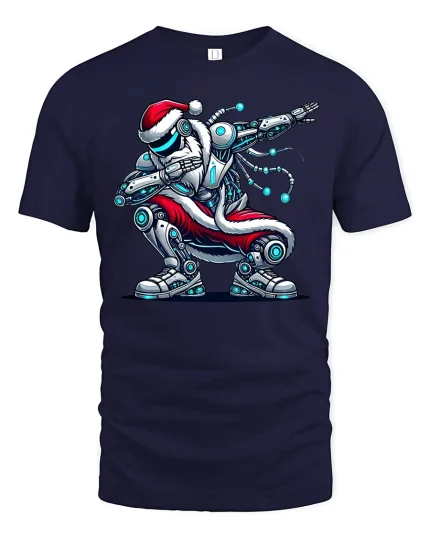 Cyber Dabbing Santa Tee Futuristic Christmas Robot Tshirt - navy t-shirt on white background